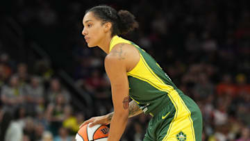 Aug 5, 2023; Phoenix, Arizona, USA; Seattle Storm forward Gabby Williams (5) dribbles against the Phoenix Mercury during the second half at Footprint Center. 