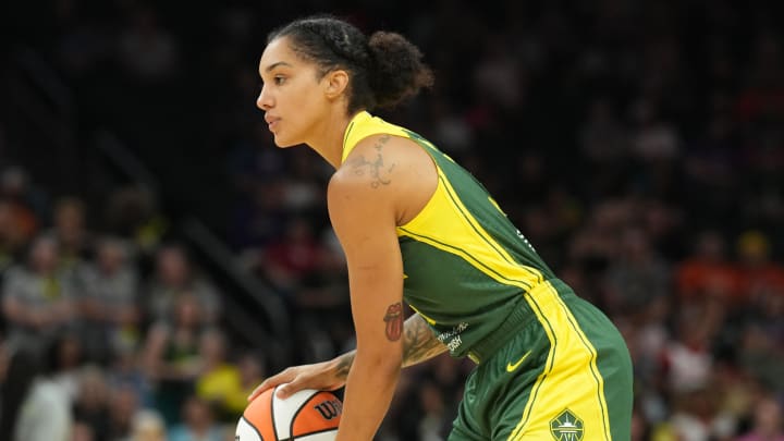 Aug 5, 2023; Phoenix, Arizona, USA; Seattle Storm forward Gabby Williams (5) dribbles against the Phoenix Mercury during the second half at Footprint Center. 