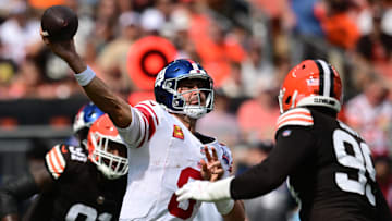 Sep 22, 2024; Cleveland, Ohio, USA; New York Giants quarterback Daniel Jones (8) throws a pass during the first half against the Cleveland Browns at Huntington Bank Field. Mandatory Credit: Ken Blaze-Imagn Images