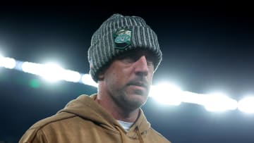Nov 6, 2023; East Rutherford, New Jersey, USA; New York Jets injured quarterback Aaron Rodgers