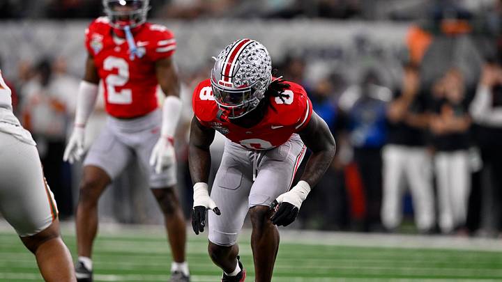 Dec 31, 2025; Arlington, TX, USA; Ohio State Buckeyes linebacker Arvell Reese (8) gets into position during the 2025 Cotton Bowl and quarterfinal game of the College Football Playoff at AT&T Stadium. Mandatory Credit: Jerome Miron-Imagn Images