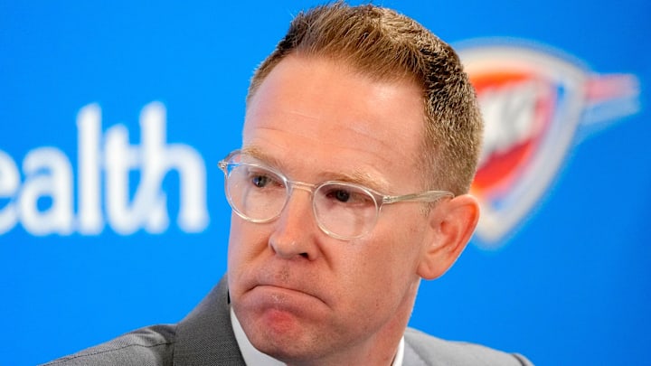 Thunder general manager Sam Presti speaks during an introductory press conference for the 2024 Thunder draft picks at Oklahoma Contemporary Arts Center in Oklahoma City, Saturday, June, 29, 2024.