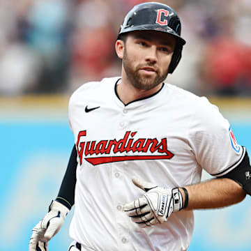 Aug 1, 2024; Cleveland, Ohio, USA; Cleveland Guardians designated hitter David Fry (6) rounds the bases after hitting a home run during the third inning against the Baltimore Orioles at Progressive Field. Mandatory Credit: Ken Blaze-Imagn Images