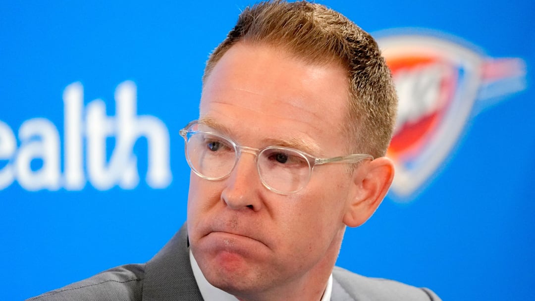 Thunder general manager Sam Presti speaks during an introductory press conference for the 2024 Thunder draft picks at Oklahoma Contemporary Arts Center in Oklahoma City, Saturday, June, 29, 2024.