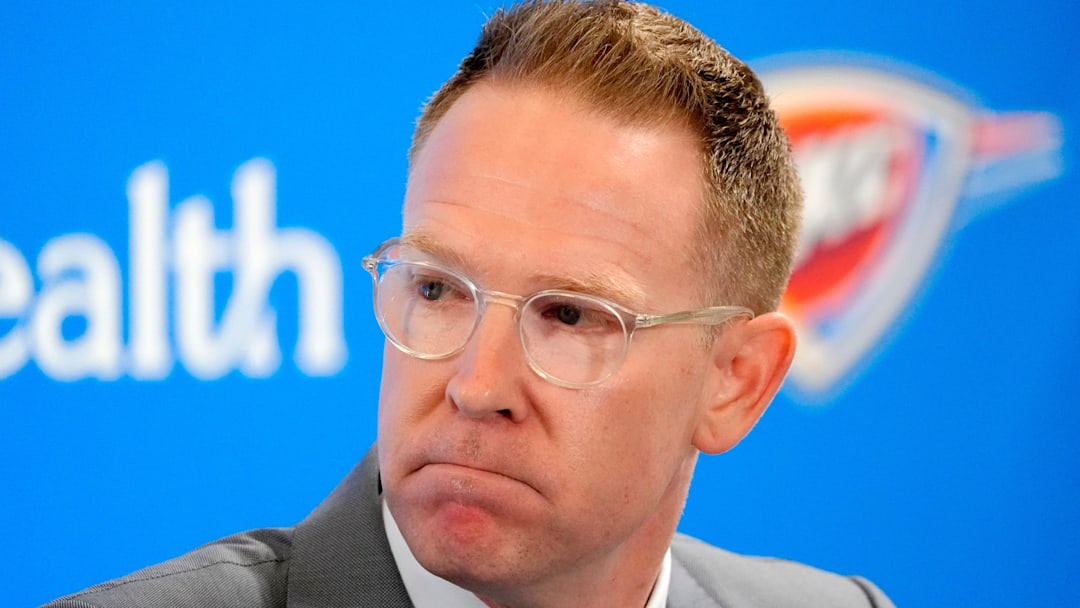Thunder general manager Sam Presti speaks during an introductory press conference for the 2024 Thunder draft picks at Oklahoma Contemporary Arts Center in Oklahoma City, Saturday, June, 29, 2024.