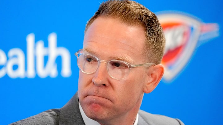 Thunder general manager Sam Presti speaks during an introductory press conference for the 2024 Thunder draft picks at Oklahoma Contemporary Arts Center in Oklahoma City, Saturday, June, 29, 2024.