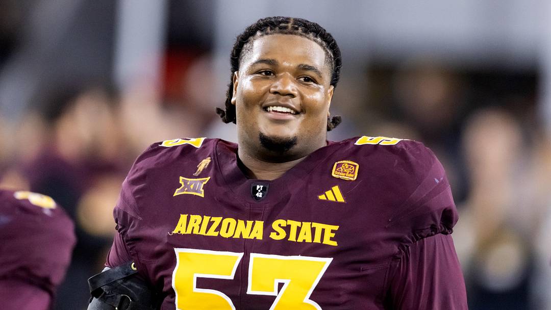 Nov 28, 2025; Tempe, Arizona, USA; Arizona State Sun Devils offensive lineman Josh Atkins (53) against the Arizona Wildcats during the 99th Territorial Cup at Mountain America Stadium. Mandatory Credit: Mark J. Rebilas-Imagn Images Nov 28, 2025; Tempe, Arizona, USA; Arizona State Sun Devils offensive lineman Josh Atkins (53) against the Arizona Wildcats during the 99th Territorial Cup at Mountain America Stadium. Mandatory Credit: Mark J. Rebilas-Imagn Images