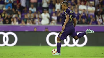 Nov 9, 2024; Orlando, Florida, USA; Orlando City forward Luis Muriel (9) takes a penalty kick in a round of penalty kicks against the Charlotte FC in a 2024 MLS Cup Playoffs Round One match at Inter&Co Stadium. Mandatory Credit: Kim Klement Neitzel-Imagn Images