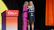 Apr 14, 2025; New York, New York, USA;  Hailey Van Lith poses with WNBA commissioner Cathy Engelbert after being selected with the number eleven overall pick to the Chicago Sky in the 2025 WNBA Draft at The Shed at Hudson Yards. Mandatory Credit: Vincent Carchietta-Imagn Images