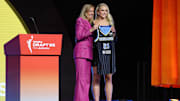 Hailey Van Lith poses with WNBA commissioner Cathy Engelbert after being selected with the number eleven overall pick to the Chicago Sky in the 2025 WNBA Draft at The Shed at Hudson Yards. 
