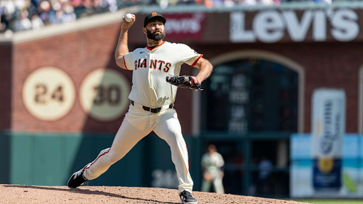 Apr 4, 2025; San Francisco, California, USA; San Francisco Giants pitcher Lou Trivino (56) throws a pitch during the fifth inning against the Seattle Mariners at Oracle Park. Mandatory Credit: Bob Kupbens-Imagn Images