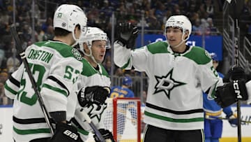 Jan 25, 2025; St. Louis, Missouri, USA; Dallas Stars right wing Evgenii Dadonov (63) celebrates with teammates after scoring a goal against against the St. Louis Blues during the first period at Enterprise Center. Mandatory Credit: Jeff Le-Imagn Images