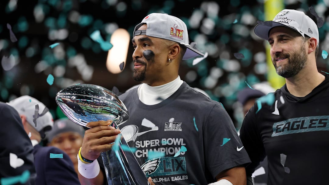 Feb 9, 2025; New Orleans, LA, USA; Philadelphia Eagles quarterback Jalen Hurts (1) celebrates after winning against Kansas City Chiefs in Super Bowl LIX at Caesars Superdome. Mandatory Credit: Geoff Burke-Imagn Images