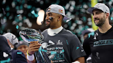 Feb 9, 2025; New Orleans, LA, USA; Philadelphia Eagles quarterback Jalen Hurts (1) celebrates after winning against Kansas City Chiefs in Super Bowl LIX at Caesars Superdome. Mandatory Credit: Geoff Burke-Imagn Images