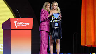 Apr 14, 2025; New York, New York, USA;  Hailey Van Lith poses with WNBA commissioner Cathy Engelbert after being selected with the number eleven overall pick to the Chicago Sky in the 2025 WNBA Draft at The Shed at Hudson Yards. Mandatory Credit: Vincent Carchietta-Imagn Images