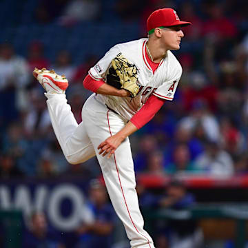 Aug 30, 2024; Anaheim, California, USA; Los Angeles Angels pitcher Samuel Aldegheri (66) throws against the Seattle Mariners during the fourth inning in his major league debut at Angel Stadium. Mandatory Credit: Gary A. Vasquez-Imagn Images