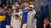 May 10, 2025; San Francisco, California, USA; Golden State Warriors guard Stephen Curry (30) watches from the bench during game three against the Minnesota Timberwolves in the second round of the 2025 NBA Playoffs at Chase Center. Mandatory Credit: David Gonzales-Imagn Images