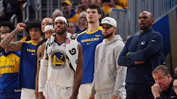 May 10, 2025; San Francisco, California, USA; Golden State Warriors guard Stephen Curry (30) watches from the bench during game three against the Minnesota Timberwolves in the second round of the 2025 NBA Playoffs at Chase Center. Mandatory Credit: David Gonzales-Imagn Images
