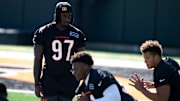 Bengals defensive end Shemar Stewart looks on during the Bengals Rookie Mini Camp on Friday, May 9, 2025 at Paycor Stadium in Cincinnati.