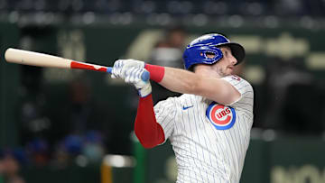 Chicago Cubs right fielder Kyle Tucker (30) bats against the Hanshin Tigers during the seventh inning at Tokyo Dome.