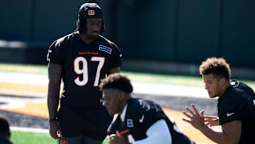Bengals defensive end Shemar Stewart looks on during the Bengals Rookie Mini Camp on Friday, May 9, 2025 at Paycor Stadium in Cincinnati.