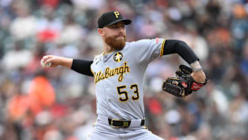 Jul 30, 2025; San Francisco, California, USA; Pittsburgh Pirates starting pitcher Mike Burrows (53) throws against the San Francisco Giants in the sixth inning at Oracle Park. Mandatory Credit: Eakin Howard-Imagn Images