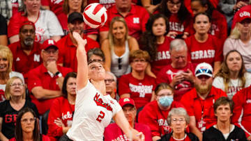 Oct 21, 2023; Lincoln, NE, USA; Nebraska Cornhuskers setter Bergen Reilly (2) serves against the Wisconsin Badgers during the first set.