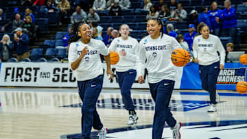 Mar 24, 2025; Storrs, Connecticut, USA; UConn Huskies guard Azzi Fudd (35), guard KK Arnold (2) and teammates warm up before the start of the game against the South Dakota State Jackrabbits at Harry A. Gampel Pavilion. Mandatory Credit: David Butler II-Imagn Images