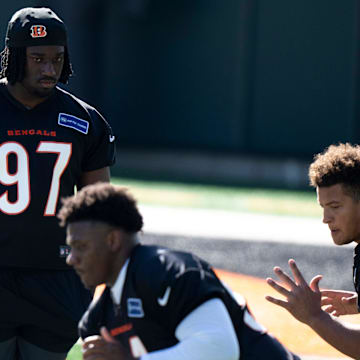 Bengals defensive end Shemar Stewart looks on during the Bengals Rookie Mini Camp on Friday, May 9, 2025 at Paycor Stadium in Cincinnati.