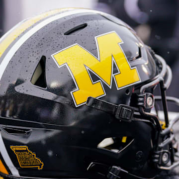 Nov 30, 2024; Columbia, Missouri, USA; A general view of a Missouri Tigers helmet against the Arkansas Razorbacks during the first half at Faurot Field at Memorial Stadium. Mandatory Credit: Denny Medley-Imagn Images