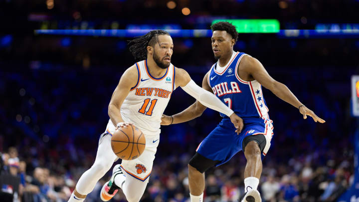 Apr 25, 2024; Philadelphia, Pennsylvania, USA; New York Knicks guard Jalen Brunson (11) dribbles the ball against Philadelphia 76ers guard Kyle Lowry (7) during the second quarter of game three of the first round for the 2024 NBA playoffs at Wells Fargo Center. Mandatory Credit: Bill Streicher-USA TODAY Sports
