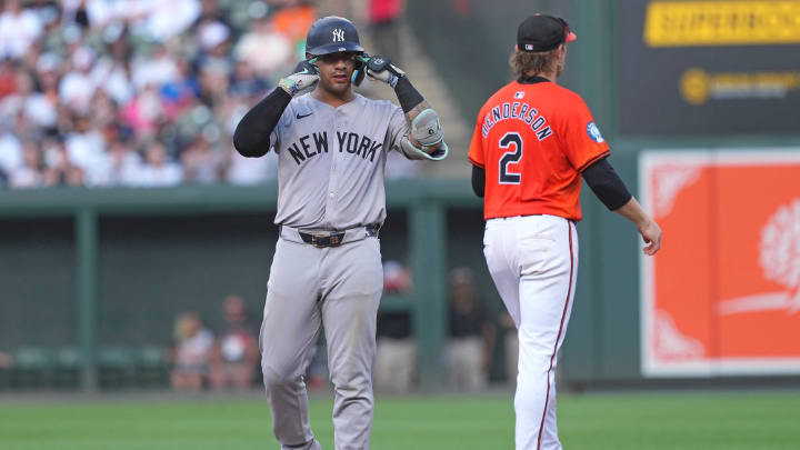 Jul 13, 2024; Baltimore, Maryland, USA; New York Yankees second baseman Gleyber Torres (25) gestures following his double in the fifth inning against the Baltimore Orioles at Oriole Park at Camden Yards. Mandatory Credit: Mitch Stringer-USA TODAY Sports