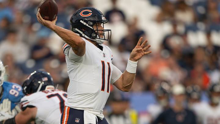 Aug 29, 2026; Nashville, Tennessee, USA; Chicago Bears quarterback Case Keenum (11) throws a pass against the Tennessee Titans during the second half at Nissan Stadium. Mandatory Credit: Steve Roberts-Imagn Images