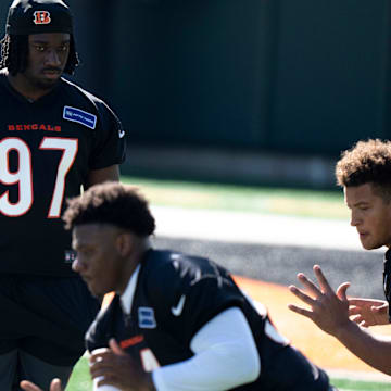 Bengals defensive end Shemar Stewart looks on during the Bengals Rookie Mini Camp on Friday, May 9, 2025 at Paycor Stadium in Cincinnati.