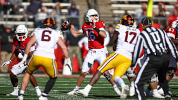 Nov 9, 2024; Piscataway, New Jersey, USA; Rutgers Scarlet Knights quarterback Athan Kaliakmanis (16) drops back to pass during the first half against the Minnesota Golden Gophers at SHI Stadium. Mandatory Credit: Vincent Carchietta-Imagn Images