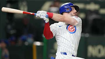 Mar 15, 2025; Bunkyo, Tokyo, Japan; Chicago Cubs right fielder Kyle Tucker (30) bats against the Hanshin Tigers during the seventh inning at Tokyo Dome. 
