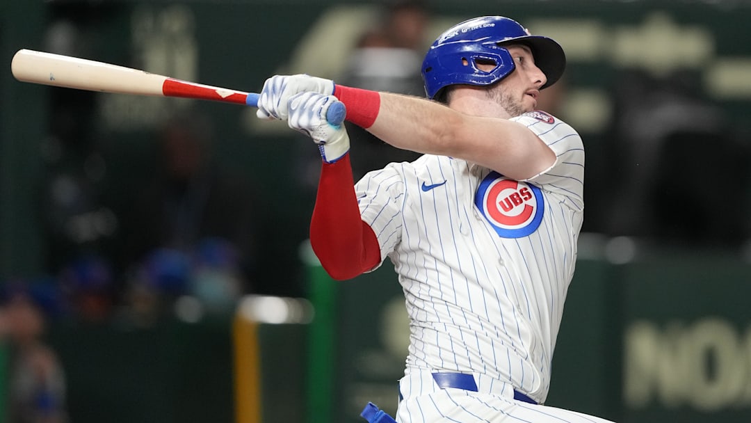 Mar 15, 2025; Bunkyo, Tokyo, Japan; Chicago Cubs right fielder Kyle Tucker (30) bats against the Hanshin Tigers during the seventh inning at Tokyo Dome. Darren Yamashita-Imagn Images