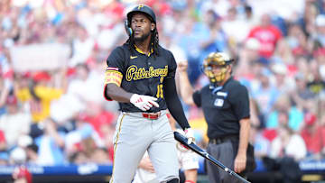May 17, 2025; Philadelphia, Pennsylvania, USA; Pittsburgh Pirates outfielder Oneil Cruz (15) reacts after striking out against the Philadelphia Phillies in the third inning at Citizens Bank Park. Mandatory Credit: Kyle Ross-Imagn Images