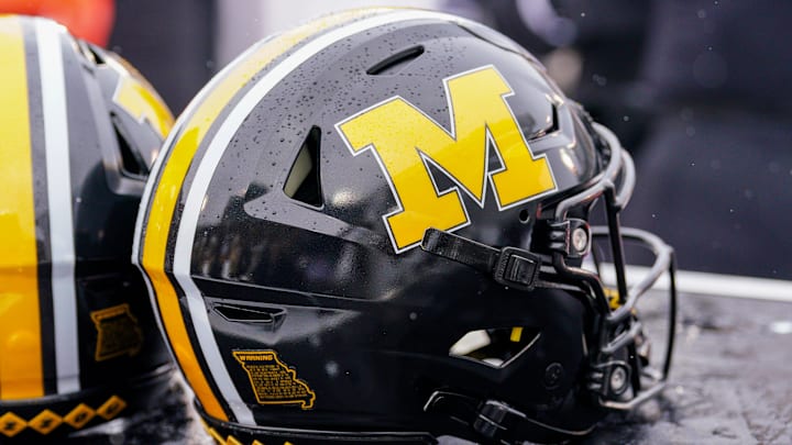 Nov 30, 2024; Columbia, Missouri, USA; A general view of a Missouri Tigers helmet against the Arkansas Razorbacks during the first half at Faurot Field at Memorial Stadium. Mandatory Credit: Denny Medley-Imagn Images