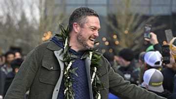 Nov 22, 2025; Eugene, Oregon, USA; Oregon Ducks head coach Dan Lanning greets fans before the game against the Southern California Trojans at Autzen Stadium. Mandatory Credit: Troy Wayrynen-Imagn Images