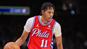 Mar 23, 2025; Atlanta, Georgia, USA; Philadelphia 76ers guard Jeff Dowtin Jr. (11) dribbles against the Atlanta Hawks in the first quarter at State Farm Arena. Mandatory Credit: Brett Davis-Imagn Images