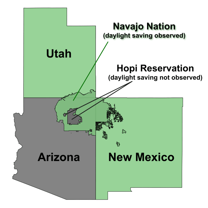 Map of Arizona, New Mexico, and Utah showing the Daylight Saving Donut