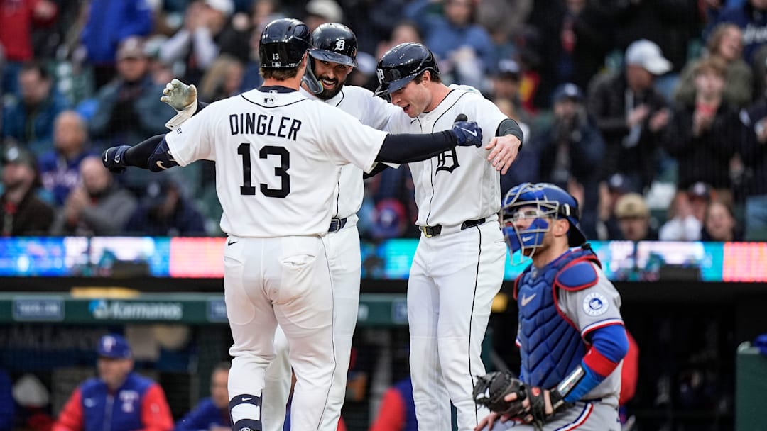 Detroit Tigers catcher Dillon Dingler celebrates a three run home run against the Texas Rangers.