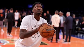 Nov 15, 2024; New York, New York, USA; Brooklyn Nets forward Dorian Finney-Smith (28) warms up before a game against the New York Knicks at Madison Square Garden. Mandatory Credit: Brad Penner-Imagn Images