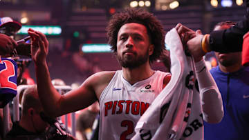 Nov 18, 2025; Atlanta, Georgia, USA; Detroit Pistons guard Cade Cunningham (2) celebrates after a victory over the Atlanta Hawks at State Farm Arena. Mandatory Credit: Brett Davis-Imagn Images