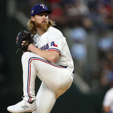 Jun 22, 2024; Arlington, Texas, USA; Texas Rangers pitcher Jon Gray (22) throws a pitch in the first inning against the Kansas City Royals at Globe Life Field. 