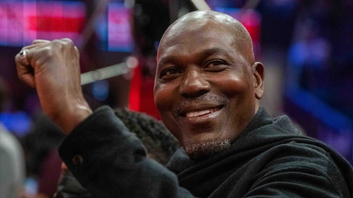 February 19, 2022; Cleveland, OH, USA; NBA great Hakeem Olajuwon during the Slam Dunk Contest during the 2022 NBA All-Star Saturday Night