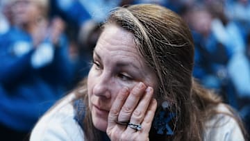 A Kentucky fan feels the loss as the Wildcats drop against visiting Arkansas Saturday Feb. 1, 2025 at Rupp Arena in Lexington, Kentucky.