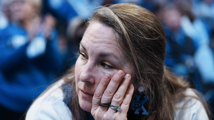 A Kentucky fan feels the loss as the Wildcats drop against visiting Arkansas Saturday Feb. 1, 2025 at Rupp Arena in Lexington, Kentucky.