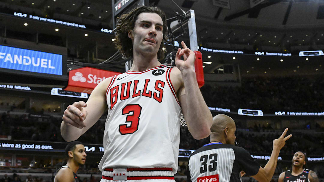Apr 4, 2025; Chicago, Illinois, USA;  Chicago Bulls guard Josh Giddey (3) after being fouled by the Portland Trail Blazers during the second half at the United Center. Mandatory Credit: Matt Marton-Imagn Images